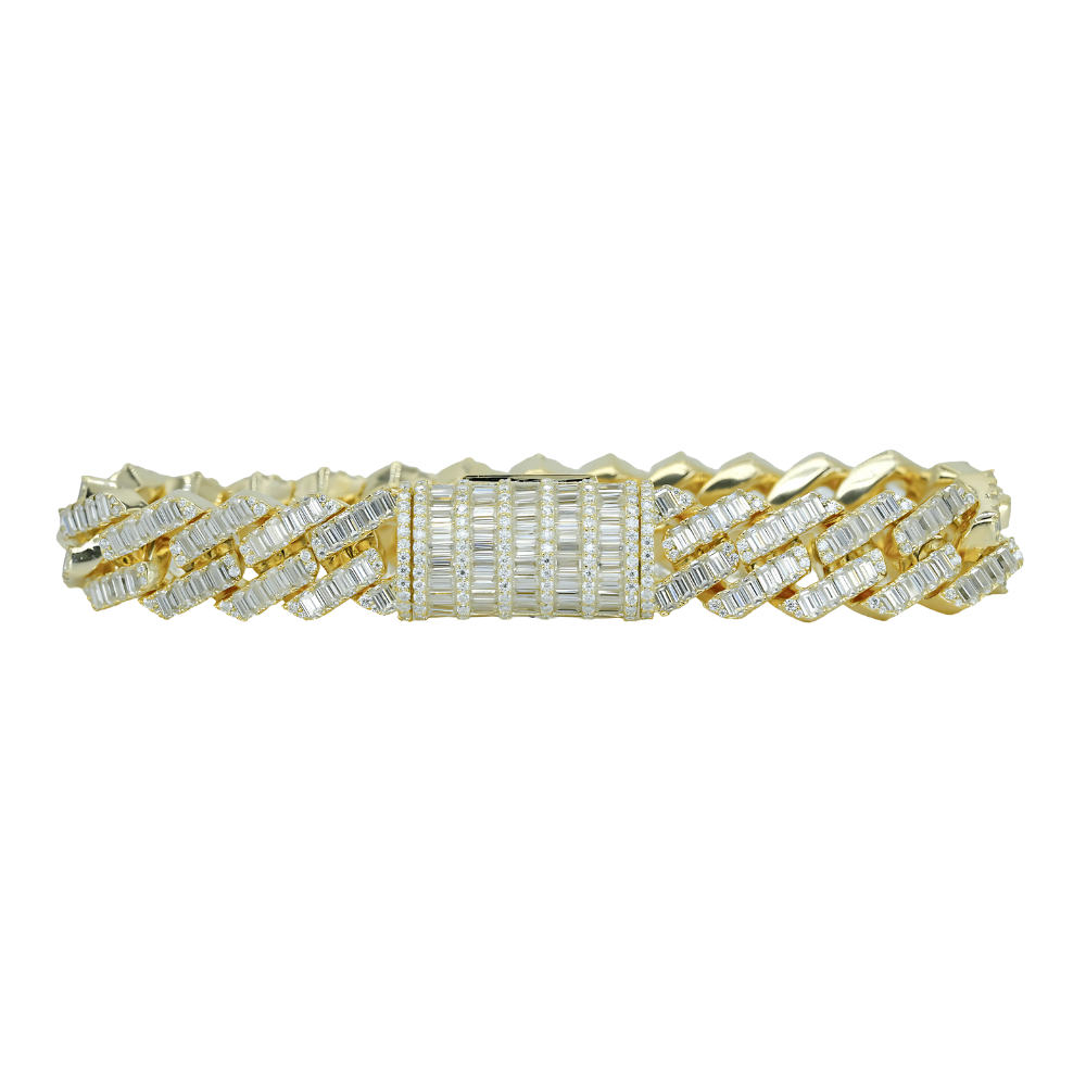 13mm Yellow Gold Baguette VVS Moissanite Diamond Cuban Bracelet