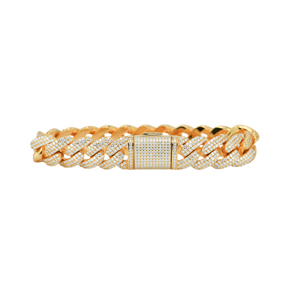 14mm Yellow Gold 3-Row Bubble Cuban Bracelet with VVS Moissanite Diamonds