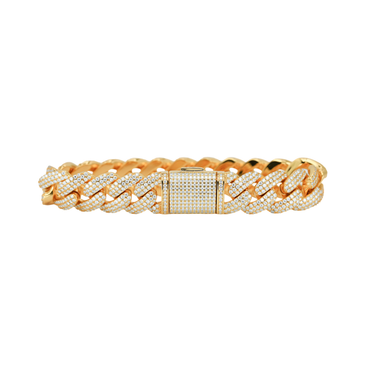 14mm Yellow Gold 3-Row Bubble Cuban Bracelet with VVS Moissanite Diamonds