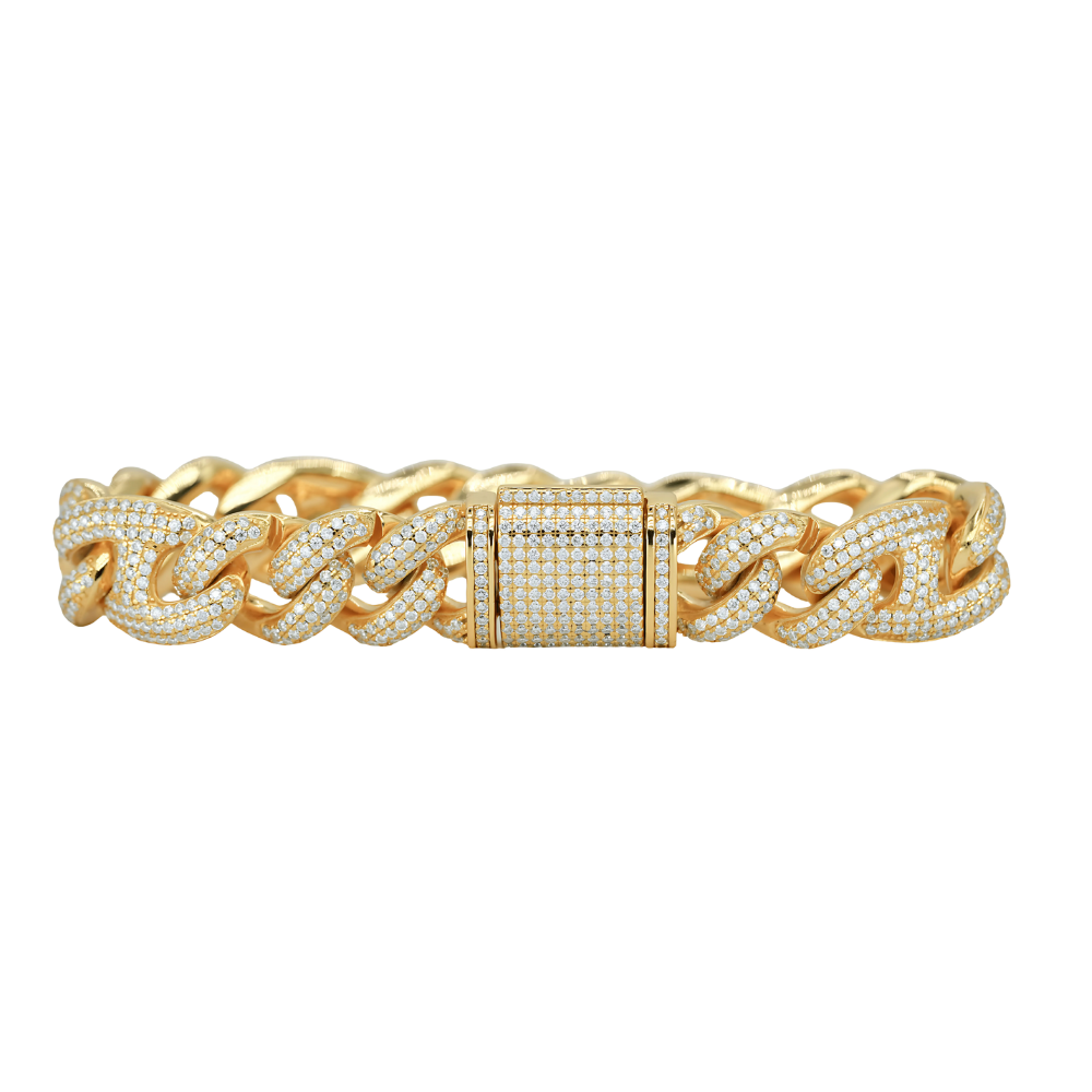 15mm Yellow Gold Pig Snout Cuban Bracelet with VVS Moissanite Diamonds