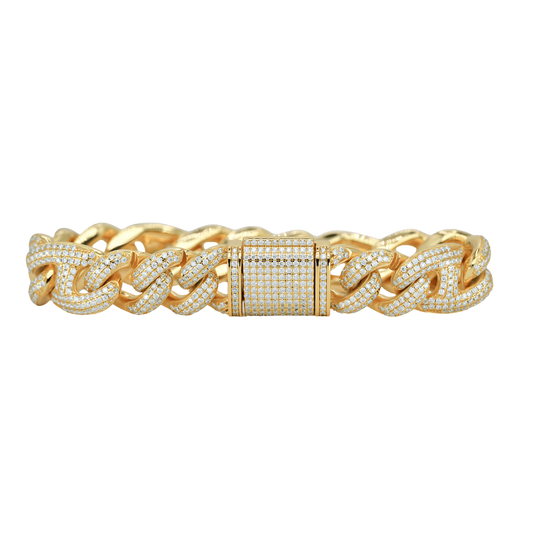 15mm Yellow Gold Pig Snout Cuban Bracelet with VVS Moissanite Diamonds