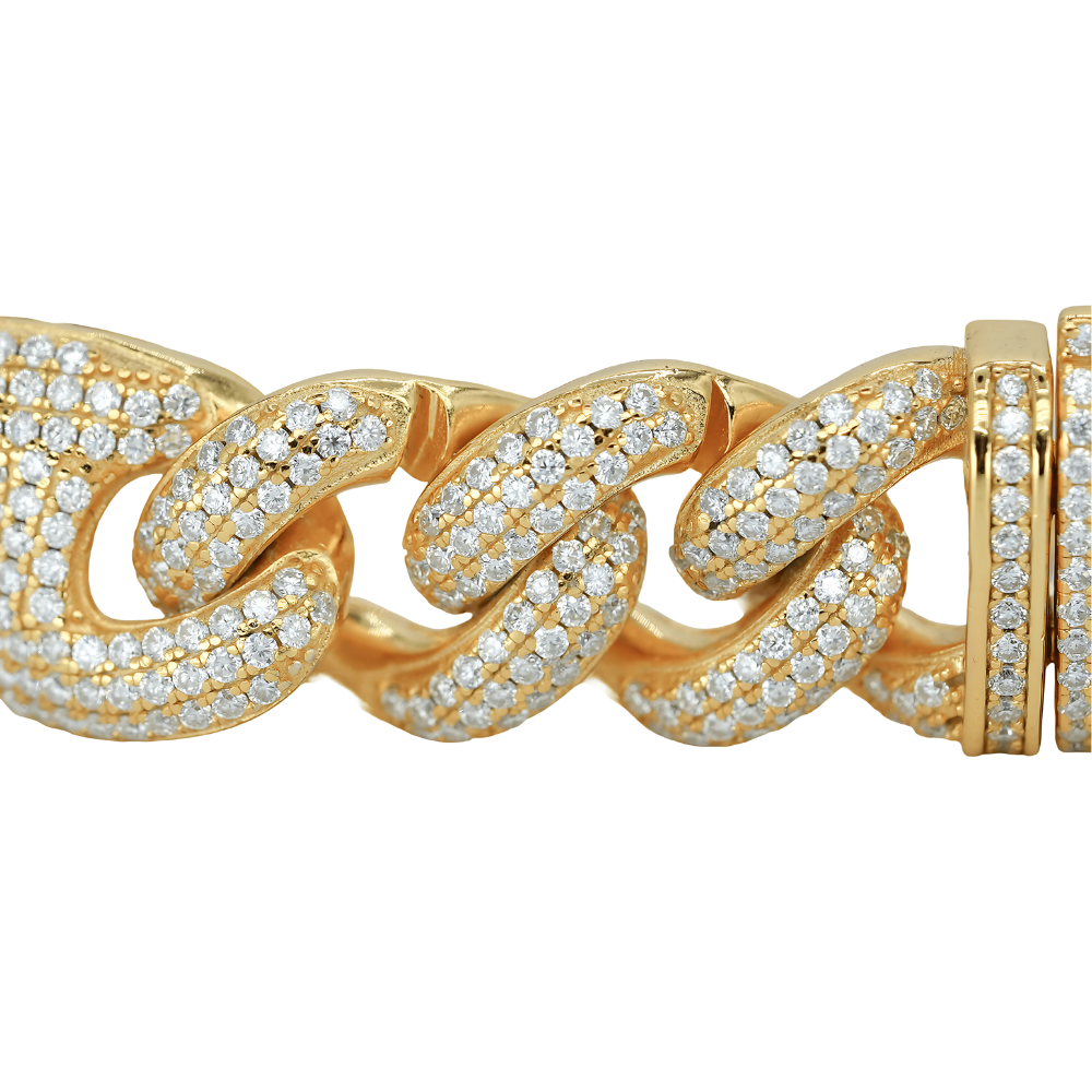 15mm Yellow Gold Pig Snout Cuban Bracelet with VVS Moissanite Diamonds