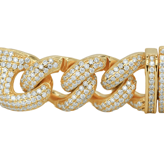 15mm Yellow Gold Pig Snout Cuban Bracelet with VVS Moissanite Diamonds