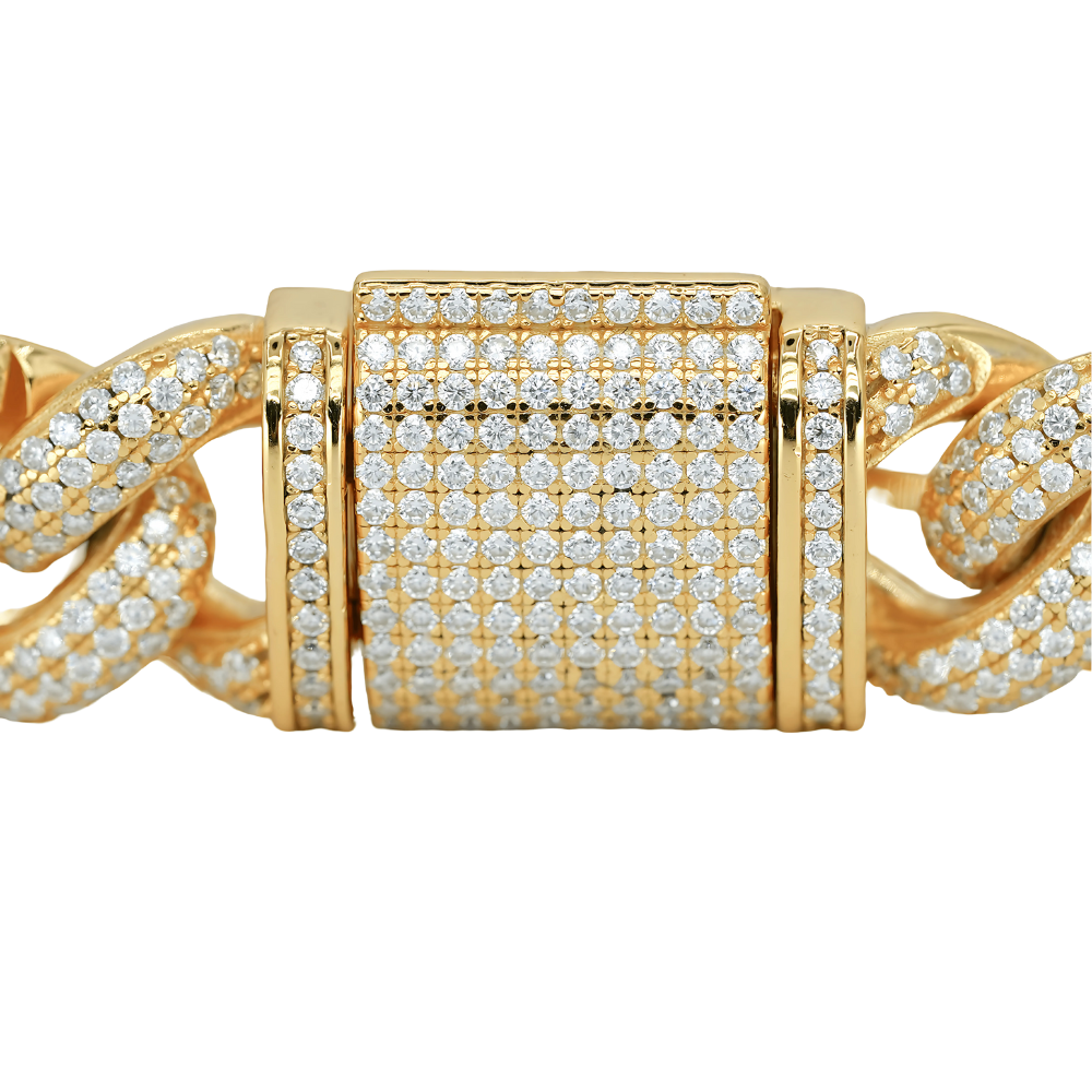 15mm Yellow Gold Pig Snout Cuban Bracelet with VVS Moissanite Diamonds