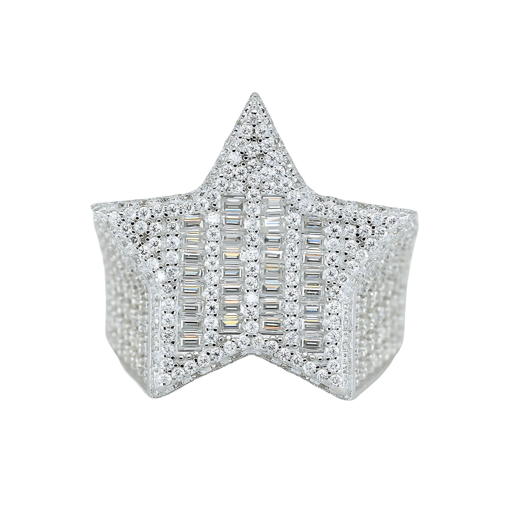 6050 Star Motif Moissanite Ring – Round & Baguette VVS Clarity