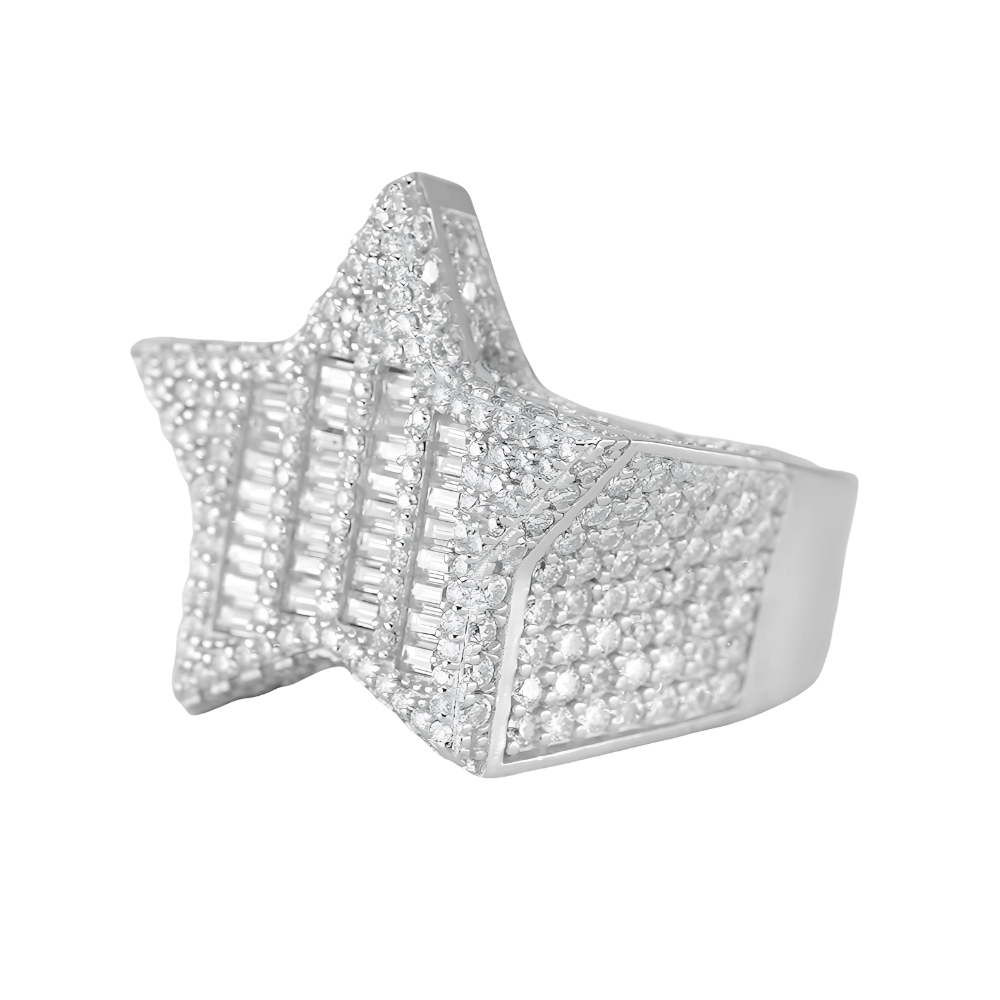 6050 Star Motif Moissanite Ring – Round & Baguette VVS Clarity