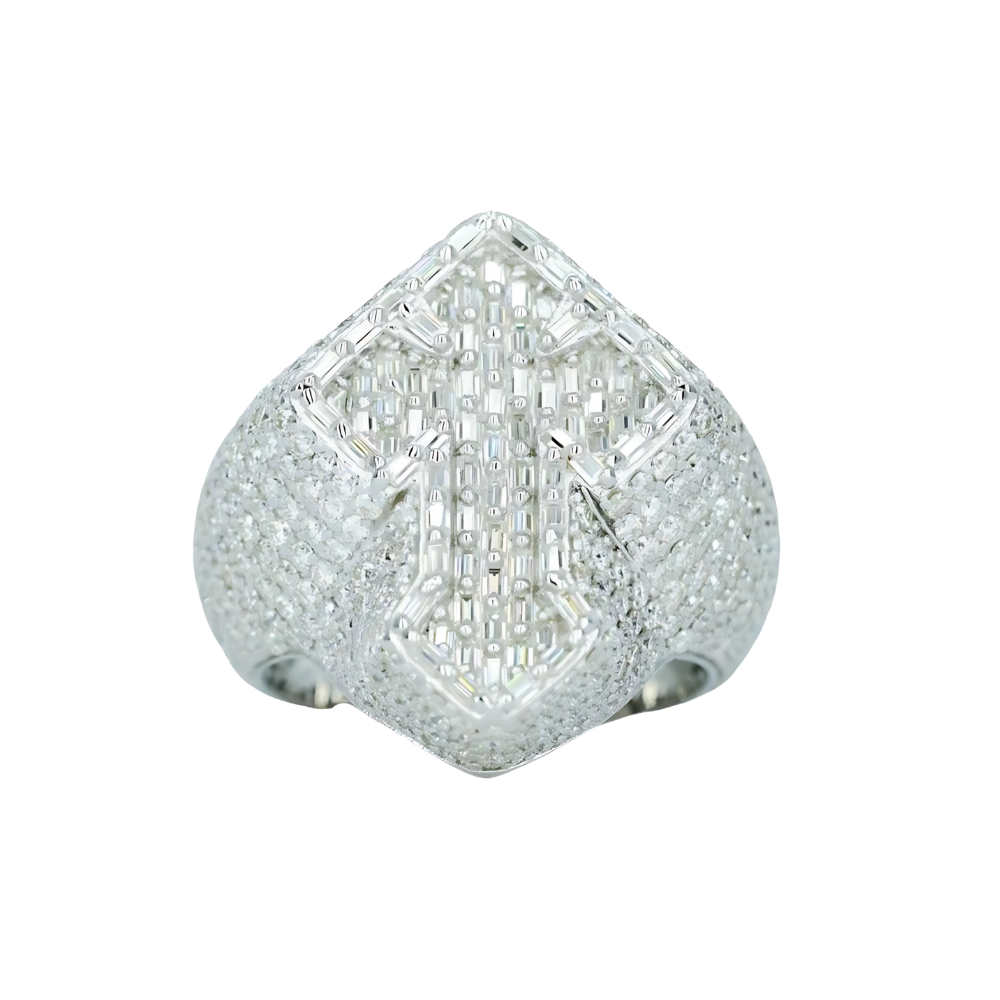 9582: Cross Motif Moissanite Ring: Baguette & Round VVS Clarity