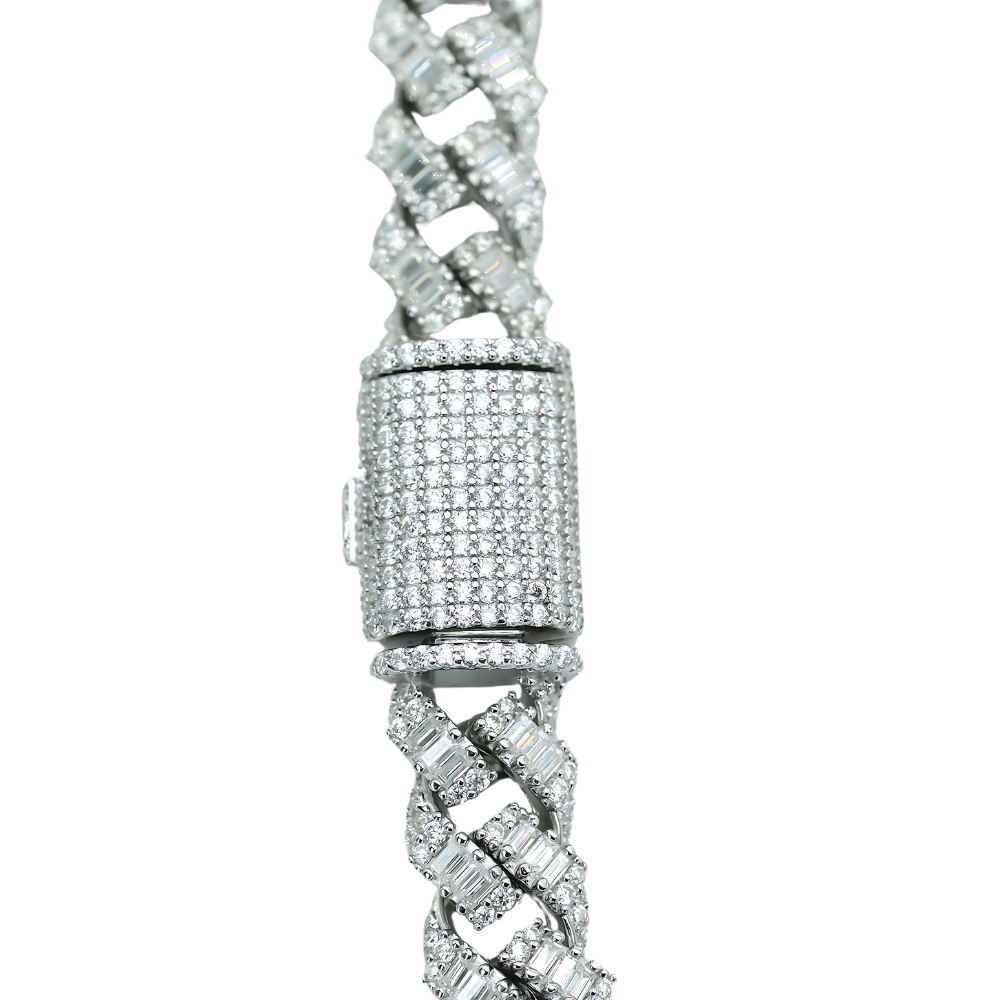 VVS Moissanite Cuban Chain Necklace with Round & Baguette-Cut Stones