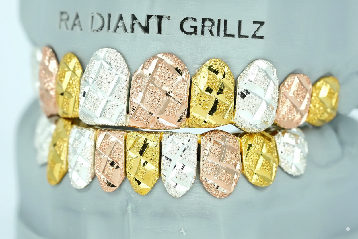 Tri Color Diamond Cut & Diamond Dust Grillz