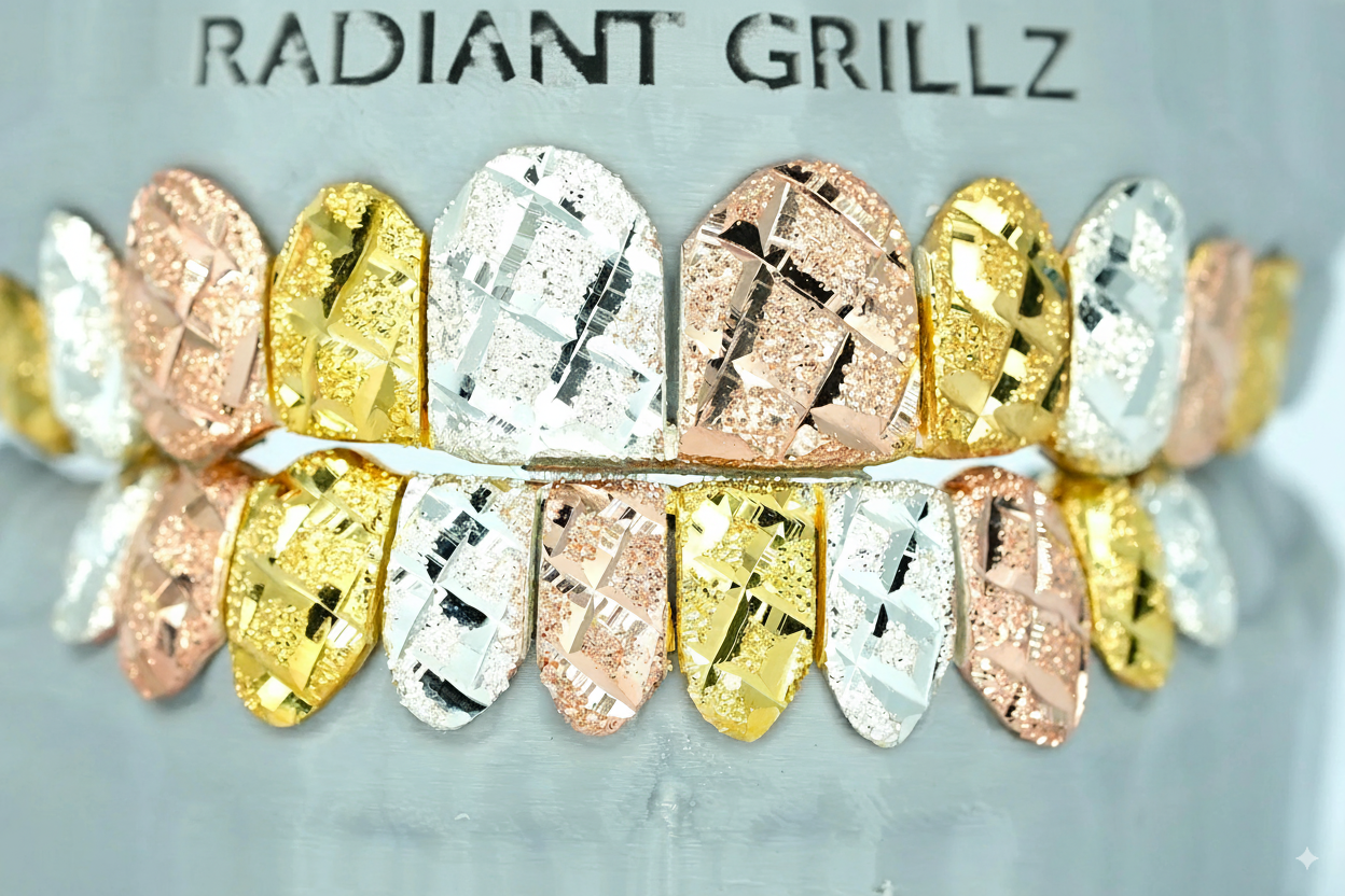 Tri Color Diamond Cut & Diamond Dust Grillz
